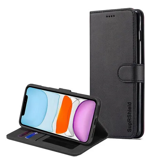 Apple iPhone 11 Black Genuine SupRShield Wallet Leather Flip Stand Magnetic Case Cover