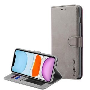 Apple iPhone 11 Grey Genuine SupRShield Wallet Leather Flip Stand Magnetic Case Cover