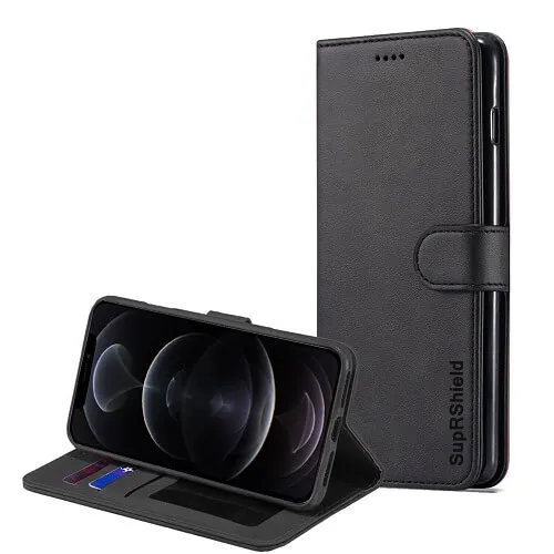 Apple iPhone 12 Pro Wallet Flip Case Leather Card Slots Cover (Black)