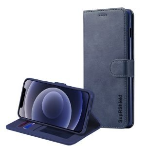 Apple iPhone 12 Wallet Flip Case Leather Card Slots Cover (Navy Blue)