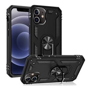 Apple iPhone 12 Anti Scratch Rugged Magnetic Heavy Duty Kickstand Car Mount Ring Case Cover (Black)