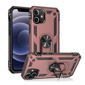 Apple iPhone 12 Anti Scratch Rugged Magnetic Heavy Duty Kickstand Car Mount Ring Case Cover (Rose Gold)