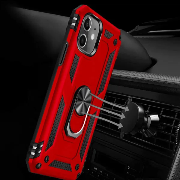 Apple iPhone 12 Pro Anti Scratch Rugged Magnetic Heavy Duty Kickstand Car Mount Ring Case Cover (Red)