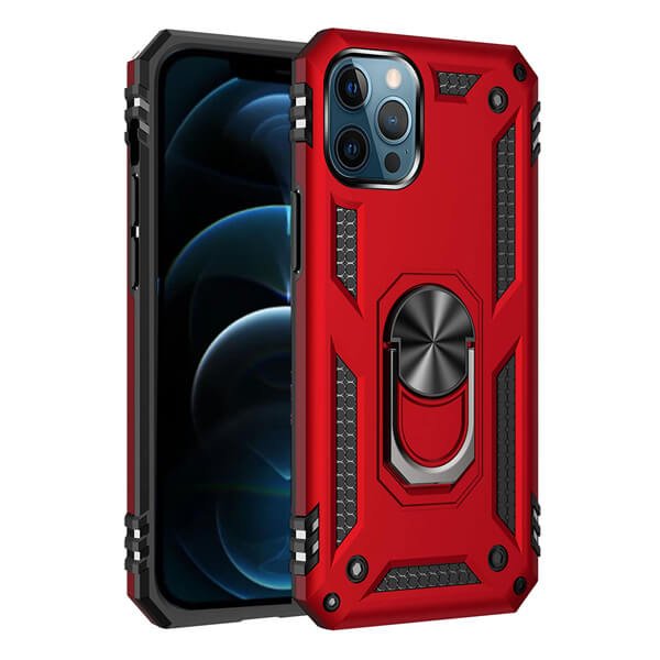 Apple iPhone 12 Pro Max Anti Scratch Rugged Magnetic Heavy Duty Kickstand Car Mount Ring Case Cover (Red)