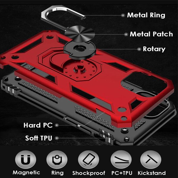 Apple iPhone 12 Pro Max Anti Scratch Rugged Magnetic Heavy Duty Kickstand Car Mount Ring Case Cover (Red)