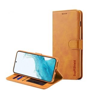 Samsung Galaxy S22 5G SupRShield Wallet Leather Card Holder Flip Protective Shockproof Magnetic Case Cover (Brown)