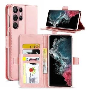Samsung Galaxy S22 Ultra SupRShield Wallet Leather Card Holder Flip Protective Shockproof Magnetic Case Cover (Rose Gold)
