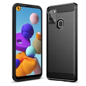 Samsung Galaxy A21s Shockproof Heavy Duty Rugged Matte Carbon Fiber Case Cover (Black)