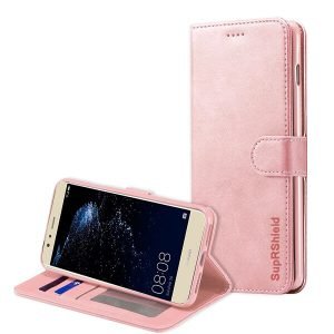 Huawei P10 Lite SupRShield Wallet Leather Card Holder Flip Protective Shockproof Magnetic Case Cover (Rose Gold)