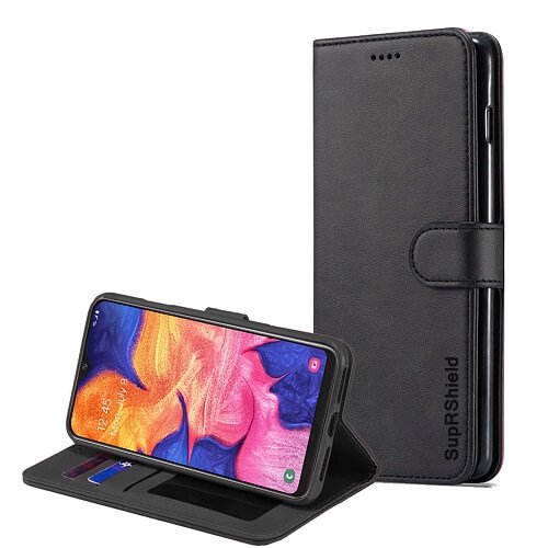 Samsung Galaxy A10e SupRShield Wallet Leather Card Holder Flip Protective Shockproof Magnetic Case Cover (Black)