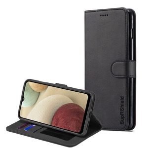 Samsung Galaxy A12 SupRShield Wallet Leather Card Holder Flip Protective Shockproof Magnetic Case Cover (Black)