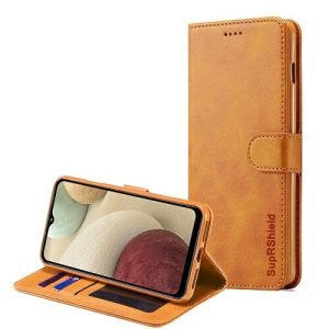 Samsung Galaxy A12 SupRShield Wallet Leather Card Holder Flip Protective Shockproof Magnetic Case Cover (Brown)