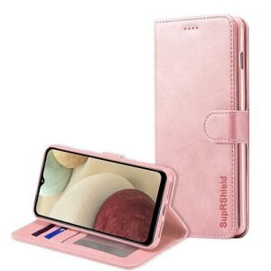 Samsung Galaxy A12 SupRShield Wallet Leather Card Holder Flip Protective Shockproof Magnetic Case Cover (Rose Gold)