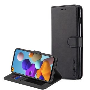 Samsung Galaxy A21 SupRShield Wallet Leather Card Holder Flip Protective Shockproof Magnetic Case Cover (Black)