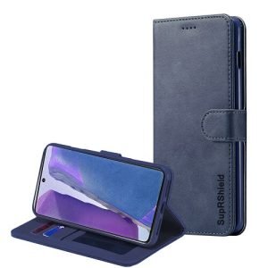 Samsung Galaxy Note 20 SupRShield Wallet Leather Card Holder Flip Protective Shockproof Magnetic Case Cover (Navy Blue)
