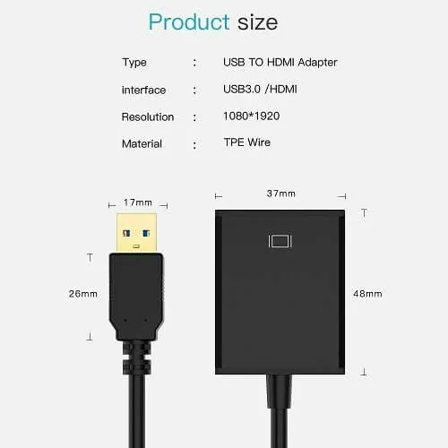 USB 3.0 to HDMI Cable Adapter Multi Display Video Converter, Windows 7 8 10, Desktop, Laptop, PC, Monitor, Projector, HDTV [Not Support Linux, Chromebook]