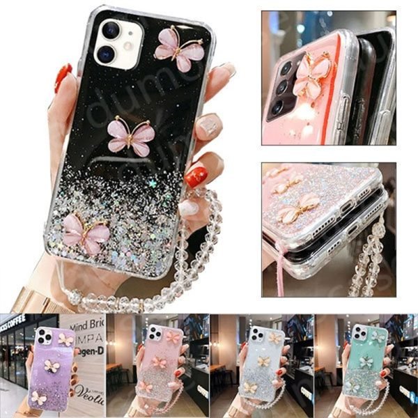 For Samsung Galaxy S21 Ultra Smart Shockproof Glitter Crystal butterfly Wrist Strap Case Cover (Black)