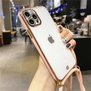 For Apple iPhone 12 Pro Luxury Stream Electro Plating With Chain Elegant Case Cover (Pink)