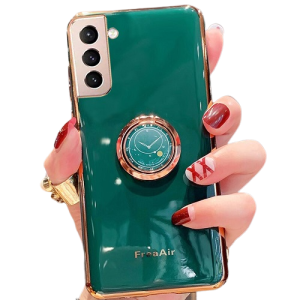 For Samsung Galaxy S21 5G Ring Case Shockproof Kickstand Luxury Stream Plating Elegant Cover (Dark Green)