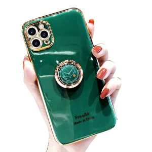 For Apple iPhone 11 Pro Max Ring Case Luxury Stream Plating Elegant Cover Case (Dark Green)