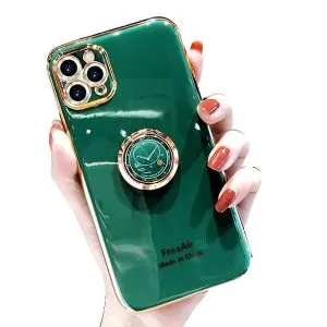 For Apple iPhone 11 Pro Max Ring Case Luxury Stream Plating Elegant Cover Case (Dark Green)