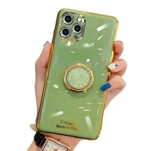 For Apple iPhone 11 Pro Max Ring Case Luxury Stream Plating Elegant Cover Case (Green)