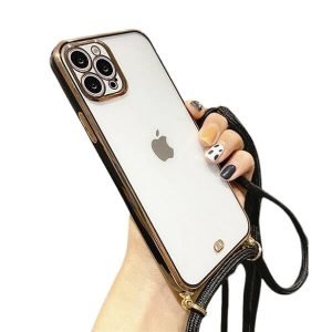 For Apple iPhone 12 Pro Luxury Stream Electro Plating With Chain Elegant Case Cover (Black)