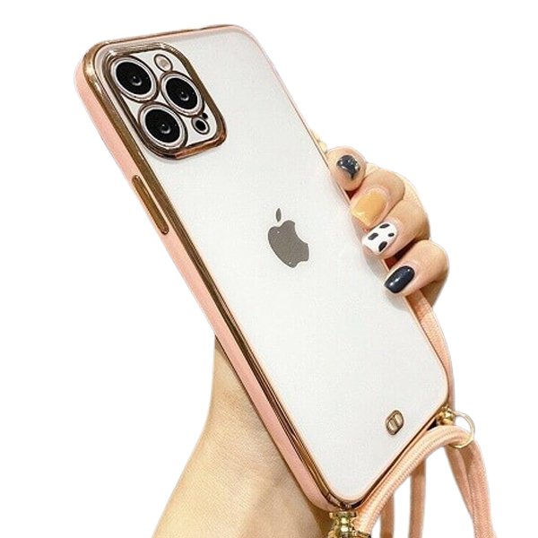 For Apple iPhone 12 Pro Max Luxury Stream Electro Plating With Chain Elegant Case Cover (Pink)
