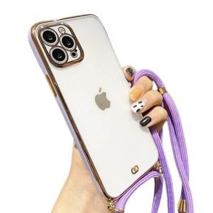 For Apple iPhone 12 Pro Max Luxury Stream Electro Plating With Chain Elegant Case Cover (Purple)