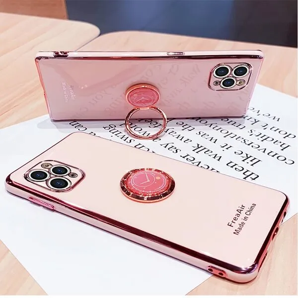 For Apple iPhone 12 Pro Max Ring Case Luxury Stream Plating Elegant Cover Case (Pink)