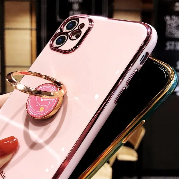 For Apple iPhone 12 Pro Max Ring Case Luxury Stream Plating Elegant Cover Case (Pink)