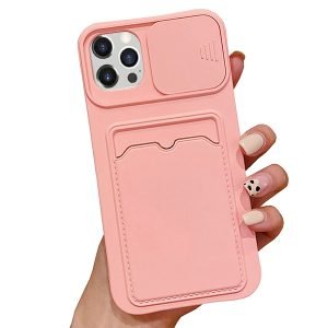 For Apple iPhone 12 Pro Smart Shockproof Slide Camera Protector Card Slots Wallet Case Cover (Pink)
