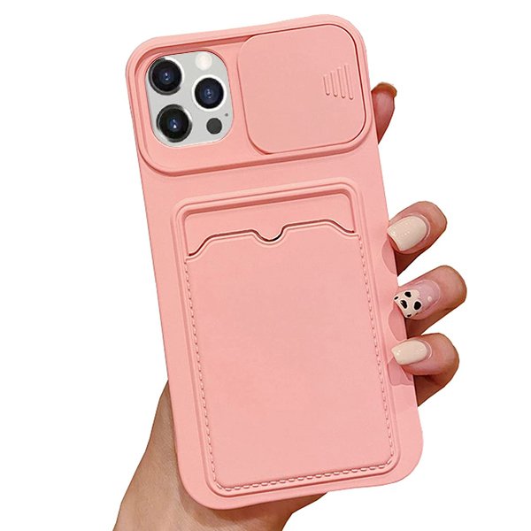 For Apple iPhone 12 Pro max Smart Shockproof Slide Camera Protector Card Slots Wallet Case Cover (Pink)