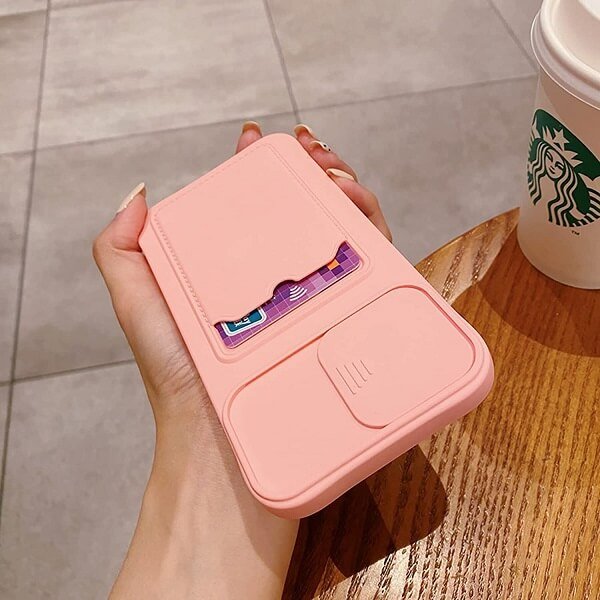For Apple iPhone 12 Pro max Smart Shockproof Slide Camera Protector Card Slots Wallet Case Cover (Pink)