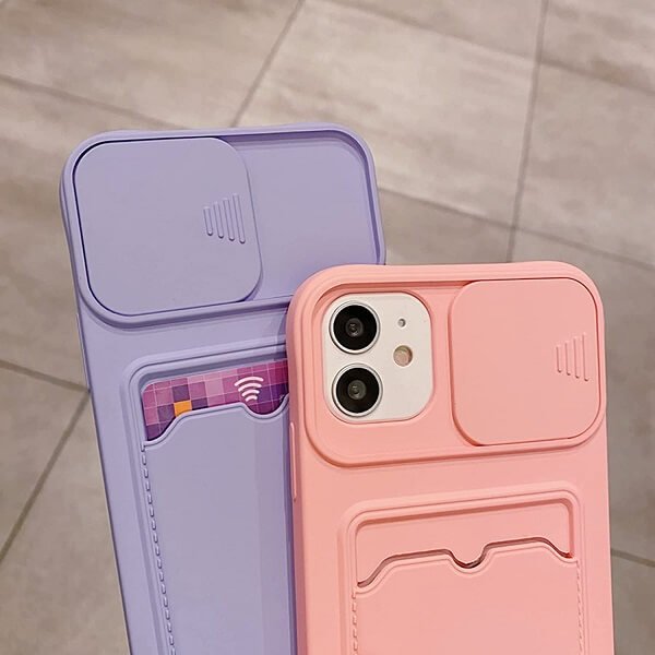 For Apple iPhone 12 Pro max Smart Shockproof Slide Camera Protector Card Slots Wallet Case Cover (Pink)