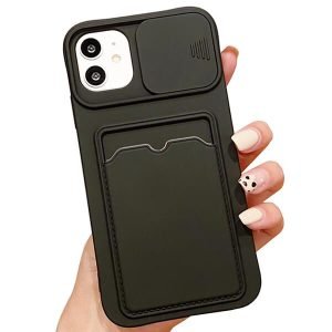 For Apple iPhone 12 Smart Shockproof Slide Camera Protector Card Slots Wallet Case Cover (Black)