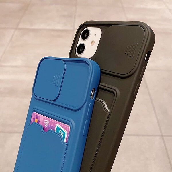 For Apple iPhone 12 Smart Shockproof Slide Camera Protector Card Slots Wallet Case Cover (Black)