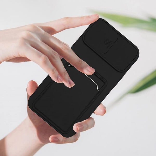 For Apple iPhone 12 Smart Shockproof Slide Camera Protector Card Slots Wallet Case Cover (Black)