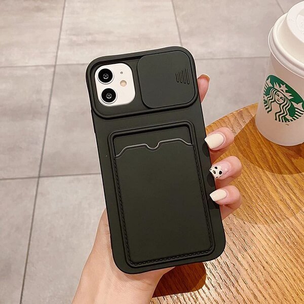 For Apple iPhone 12 Smart Shockproof Slide Camera Protector Card Slots Wallet Case Cover (Black)