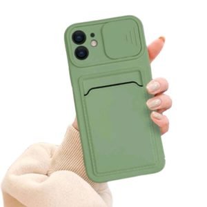 For Apple iPhone 12 Smart Shockproof Slide Camera Protector Card Slots Wallet Case Cover (Green)