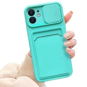 For Apple iPhone 12 Smart Shockproof Slide Camera Protector Card Slots Wallet Case Cover (Mint)