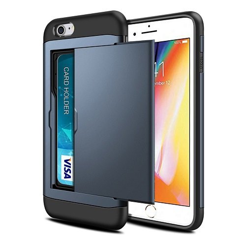 For Apple iPhone 7 Shockproof Card Slot Wallet Heavy Duty Case Tough 360 Case Cover (Blue)