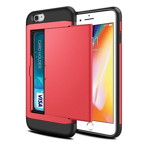 For Apple iPhone 7 Shockproof Card Slot Wallet Heavy Duty Case Tough 360 Case Cover (Red)