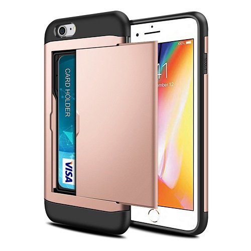 For Apple iPhone 7 Shockproof Card Slot Wallet Heavy Duty Case Tough 360 Case Cover (Rose Gold)