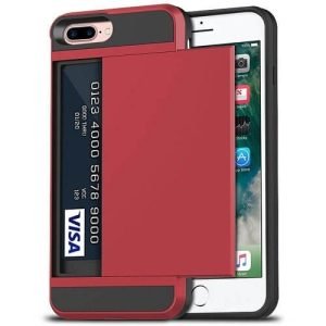 For Apple iPhone 8 Plus Shockproof Card Slot Wallet Heavy Duty Case Tough 360 Case Cover (Red)
