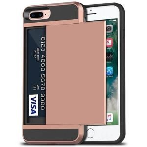 For Apple iPhone 8 Plus Shockproof Card Slot Wallet Heavy Duty Case Tough 360 Case Cover (Rose Gold)
