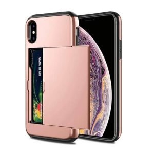 For Apple iPhone X Shockproof Card Slot Wallet Heavy Duty Case Tough 360 Case Cover (Rose Gold)
