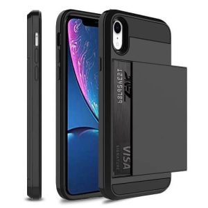 For Apple iPhone XR Shockproof Card Slot Wallet Heavy Duty Case Tough 360 Case Cover (Black)
