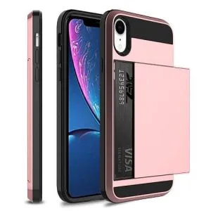 For Apple iPhone XR Shockproof Card Slot Wallet Heavy Duty Case Tough 360 Case Cover (Rose Gold)