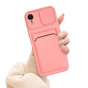 For Apple iPhone XR Smart Shockproof Slide Camera Protector Card Slots Wallet Case Cover (Pink)